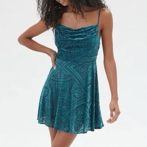 Urban Outfitters UO Lexi Dress - Teal Velvet Cowl Neck Mini Dress